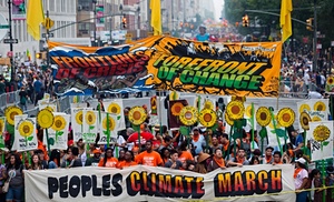 People gather near Columbus Circle before the People's Climate March